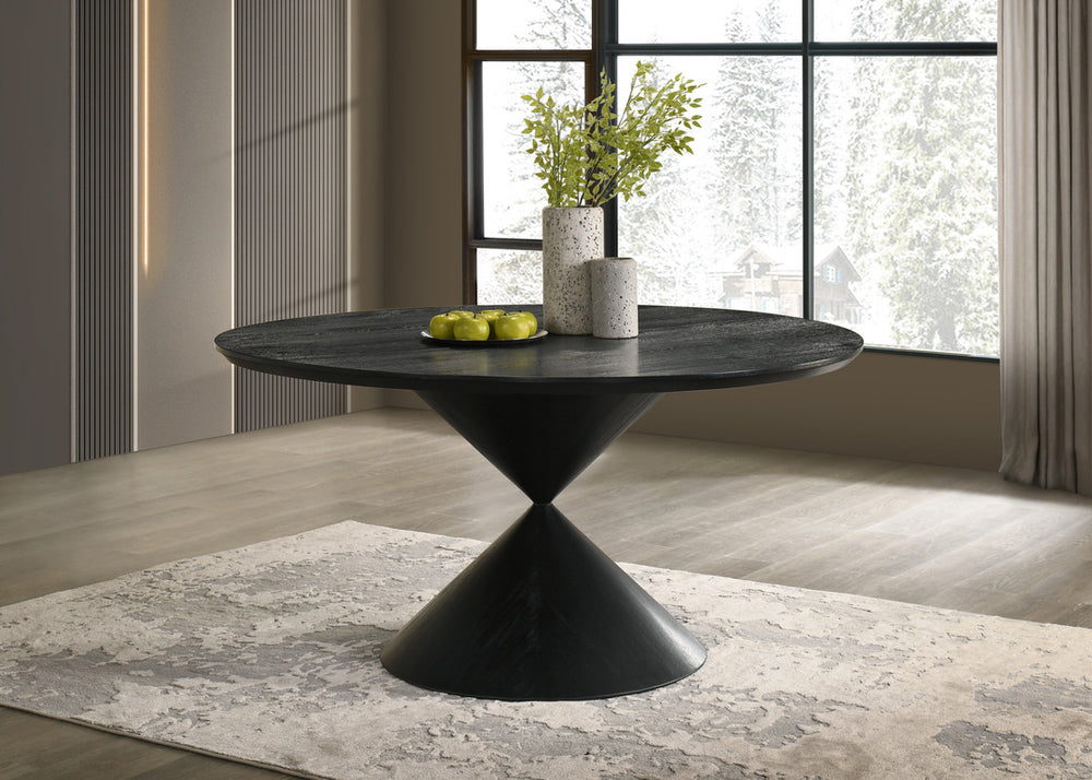English Elm Honorio Round Veneer Dining Table Ebony Pedestal Base Seats Six in Style B2749S00252
