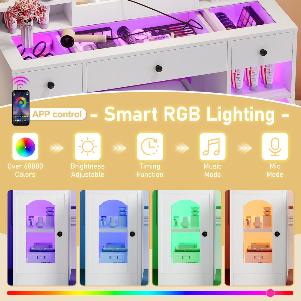English Elm 43.2" Bedroom Dressing Table with Rgb Lit Glass Cabinets Led Mirror and Charging Station White N704P407114K