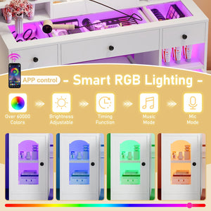 English Elm 43.2" Bedroom Dressing Table with Rgb Lit Glass Cabinets Led Mirror and Charging Station White N704P407114K