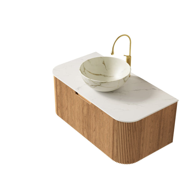 English Elm Dina Floating Bathroom Vanity Sintered Stone Top Glass Basin Striped Plywood Cabinet W2615S00694