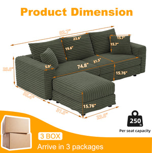 English Elm 82.7" Plush Corduroy 3-Seat Sofa - Modern, Comfy Cloud Couch With Ottoman, Deep Seats & Easy Recline W1885S00149