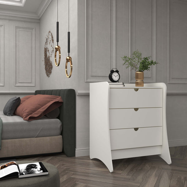 English Elm Coney 28" Nightstand with 3 Spacious Drawers, Curved Side Panels, Durable Painted MDF Finish White B365P398200