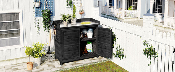 English Elm TOPMAX Rustic Fir Wood Potting Bench 39" with Galvanized Top, 2-Tier Shelves & Side Hooks, Black - Durable Garden Workstation N717P220218B