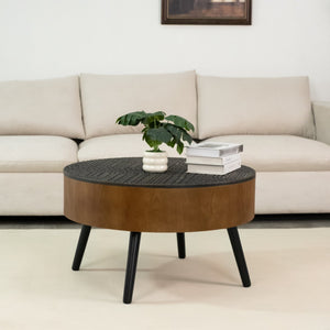 English Elm 31.5-inch Round Carved Wood Coffee Table Vintage Distressed Finish Living Room Accent W3935P406036
