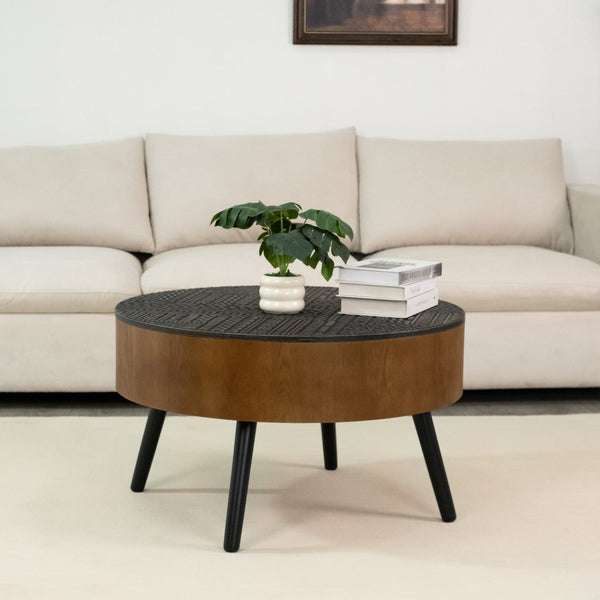 English Elm 31.5-inch Round Carved Wood Coffee Table Vintage Distressed Finish Living Room Accent W3935P406036