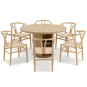 English Elm 6-piece Round Pedestal Dining Set with Woven Wishbone Chairs and Fluted Column Base Natural Wood,Wood W2920S00151