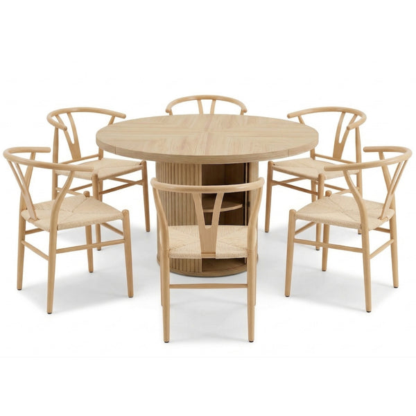 English Elm 6-piece Round Pedestal Dining Set with Woven Wishbone Chairs and Fluted Column Base Natural Wood,Wood W2920S00151