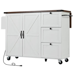 English Elm K&K 54.5" Farmhouse Kitchen Island with Drop Leaf, Built-In Power Station, Rolling Storage Cart White N707P170349W