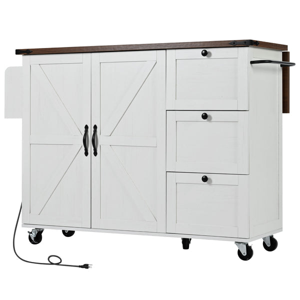 English Elm K&K 54.5" Farmhouse Kitchen Island with Drop Leaf, Built-In Power Station, Rolling Storage Cart White N707P170349W