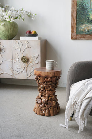English Elm 11.8x11.8x18.1" Paulownia Wood Sculptural Side Table with Mosaic Hourglass Base W2078P461603