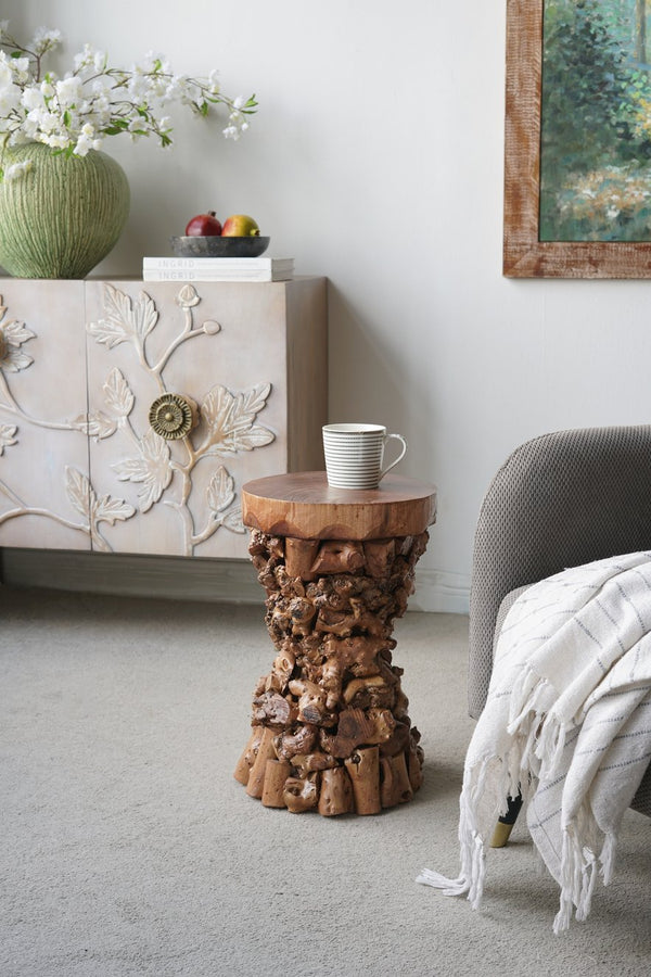 English Elm 11.8x11.8x18.1" Paulownia Wood Sculptural Side Table with Mosaic Hourglass Base W2078P461603