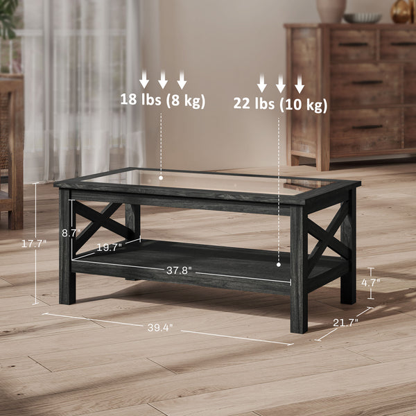 English Elm HOMCOM Modern Farmhouse Glass Coffee Table with Tempered Top, Lower Storage Shelf & X-Frame Design Black W2225P229136
