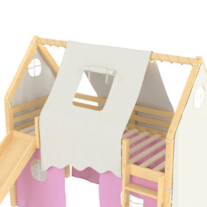 English Elm Twin Pine Loft Bed with House Frame Tent Led Lights Slide and Floor Space Below W1580S00289