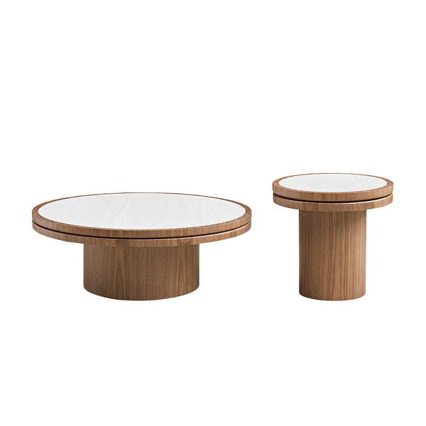 English Elm 35.43 Inch Round Sintered Stone Coffee Table with Mdf Pedestal Base for Modern Living W876S00343