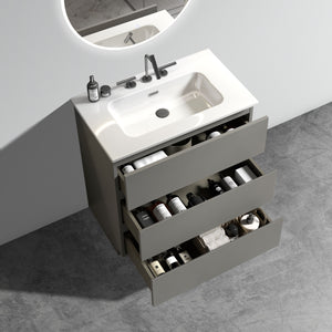 English Elm Tia 30" Bathroom Vanity with One-Piece White Basin, Soft-Close Drawers, Ergonomic Handle-Free Design, Eco-Friendly E1 Construction Gray W1865S00072