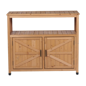 English Elm Wooden Solid Bar Height Buffet Cabinet with Slatted Panels for Patio or Dining Room W2640P330336