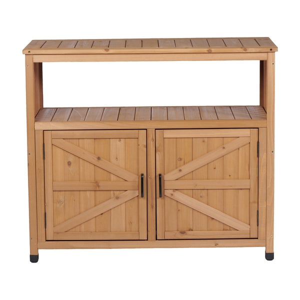 English Elm Wooden Solid Bar Height Buffet Cabinet with Slatted Panels for Patio or Dining Room W2640P330336