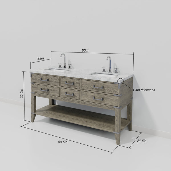 English Elm Grey Oak Double Bath Vanity With Carrara Marble Top, Soft-Close Drawers & Matching Mirrors, 65” W B2731S01637