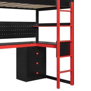 English Elm Full Size Gaming Loft Bed with Led Lighting Desk Shelves and Usb Charging Ports N820S00070J