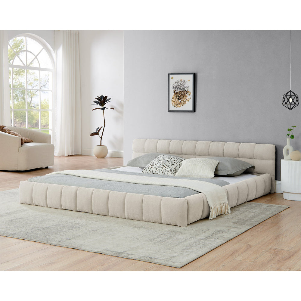 English Elm King Platform Bed Fully Upholstered in Plush Chenille with Low Profile Modern Frame Beige W487S00468