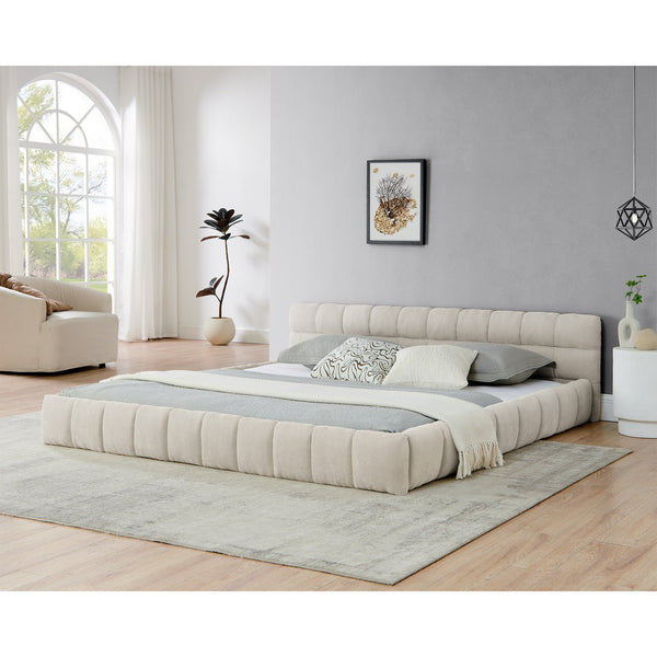 English Elm King Platform Bed Fully Upholstered in Plush Chenille with Low Profile Modern Frame Beige W487S00468