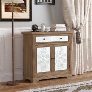 English Elm Rustic Boho Carved Accent Cabinet with Drawer & Removable Shelves, Distressed Sideboard Storage for Entryway W808P245579