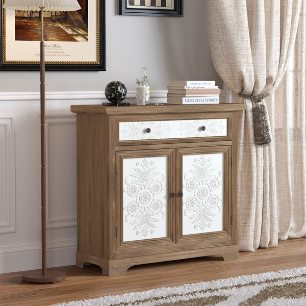 English Elm Rustic Boho Carved Accent Cabinet with Drawer & Removable Shelves, Distressed Sideboard Storage for Entryway W808P245579