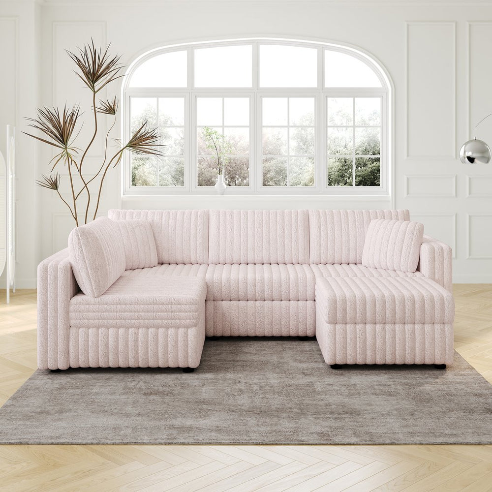 English Elm 106.3" Soft U-Shaped Sofa For 4 - Stylish Light Pink Modular Design With Hidden Storage & Washable Cushions W1767S00021