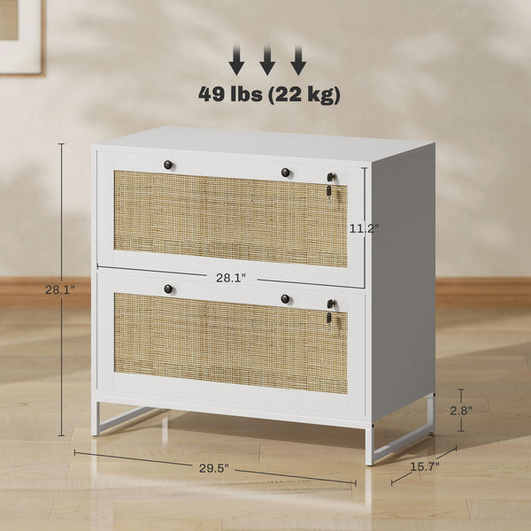 English Elm 2 Drawer Rattan Panel Filing Cabinet Lockable Home Office Organizer with Hanging Bar T3971P411967