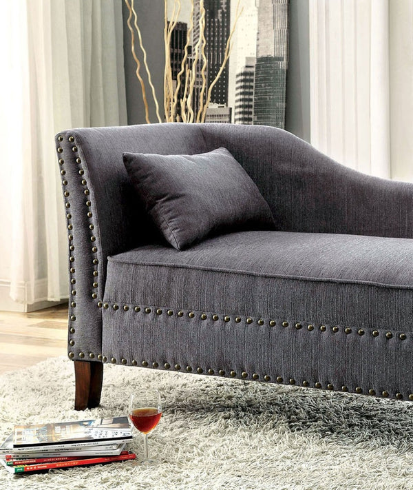 English Elm Modern Upholstered Chaise with Nailhead Trim and Curved Arm, Linen-Like Fabric, Dark Cherry Frame Gray 61 L x 26 W x 24 H B2741P305690