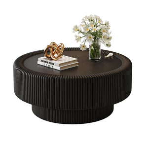 English Elm 31.5" Fluted Leather Round Coffee Table Tempered Glass Lift Top Hidden Storage Modern Black W3158P450847