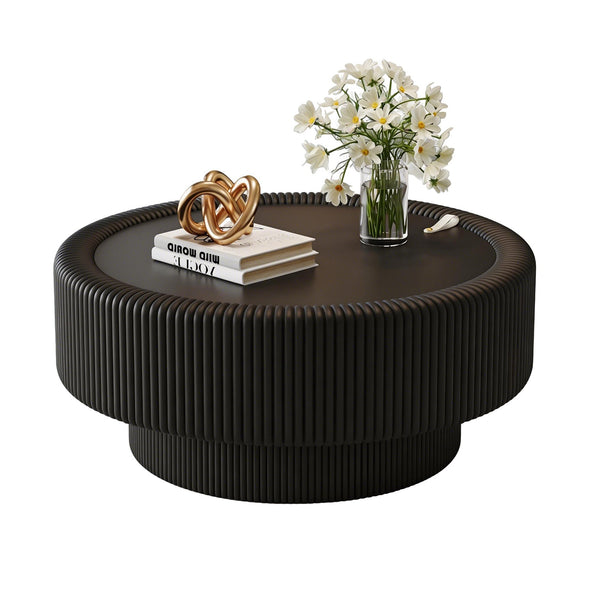 English Elm 31.5" Fluted Leather Round Coffee Table Tempered Glass Lift Top Hidden Storage Modern Black W3158P450847