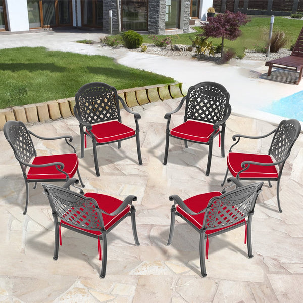 English Elm Cast Aluminum Patio Dining Chair Set Of 6 - Stylish Black Frame & Plush Red Cushions For Comfort W1710S00480