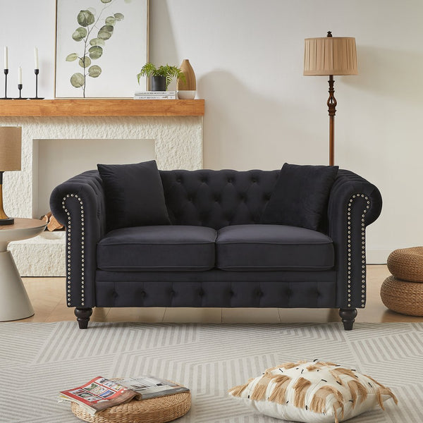 English Elm Fx Chesterfield Sofa Button Tufted Tech Fabric Nail Head Arms Living Room Seat Black W1926S00116