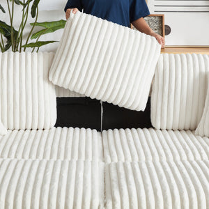 English Elm 84Inch Corduroy sofa with deep seats, 3 back pillows, 2 toss pillows, ottomans, cup grooves, storage Beige W834S00357