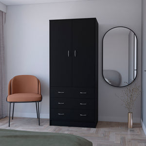 English Elm FM FURNITURE Prescott Armoire Black - Elegant 2-Door Closet with 3 Drawers, Hanging Rod, Durable Design B128S00062