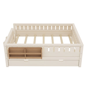 English Elm Twin Kids Platform Bed with Trundle Staircase Bookshelf and Rounded Safety Rails Beige W1580S00559