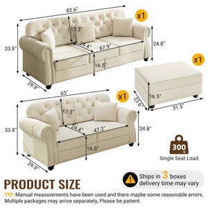 English Elm Upholstered Velvet Chesterfield Sofa with Button Tufting Nailhead Trim and Ottoman Beige+White W1885S00394
