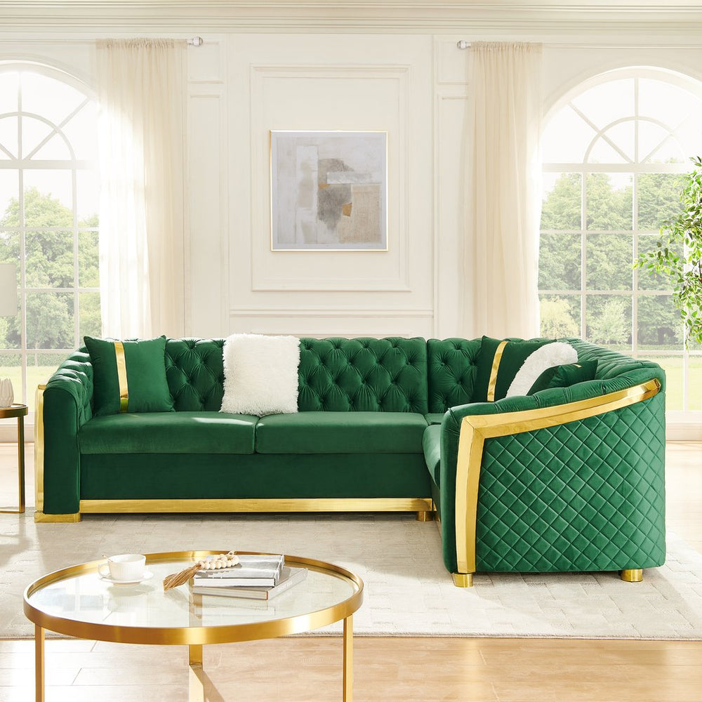 English Elm 106 Inch Velvet Tufted Chesterfield Sectional with Gold Steel Legs for Large Living Rooms Green W1191S00127