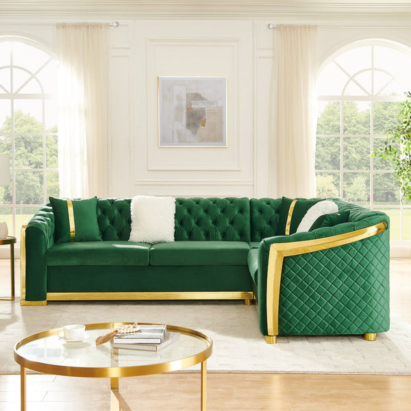 English Elm 106 Inch Velvet Tufted Chesterfield Sectional with Gold Steel Legs for Large Living Rooms Green W1191S00127