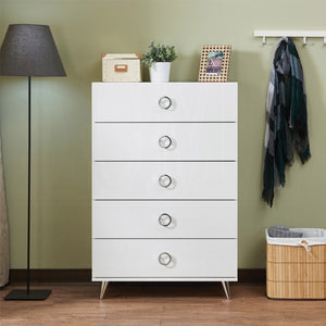 English Elm White 5-Drawer Chest With Modern Ring Pull Handles For Stylish, Space-Saving Storage In Any Room B062P209030-GIGA