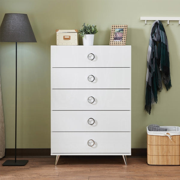 English Elm White 5-Drawer Chest With Modern Ring Pull Handles For Stylish, Space-Saving Storage In Any Room B062P209030-GIGA