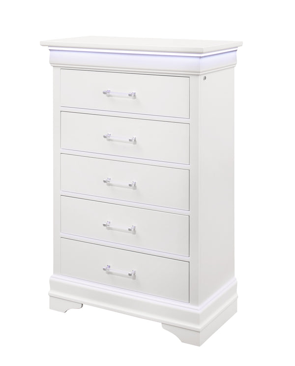 English Elm CHARLSTON Solid Wood 5-Drawer Chest with Built-In LED Lighting, Spacious Transitional Bedroom Storage White 35.63 L x 19.49 W x 52.17 H B201P215710