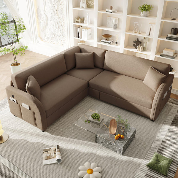 English Elm 85.1" Teddy Plush L-shaped Sectional Sleeper Sofa with Usb Ports and Pull Out Bed Brown W1885S00321