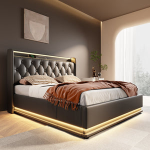 English Elm King Upholstered Bed with Surround LED, App/Remote Control, Hydraulic Storage, USB Type-C Charging Black N736P188808B