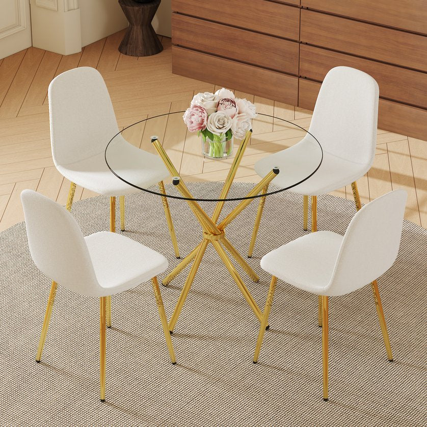 English Elm 4-Piece Modern Luxe Dining Set With Glass Table & Chic White-Gold Chairs For Stylish Interiors W1151S03683