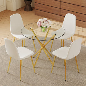 English Elm 4-Piece Modern Luxe Dining Set With Glass Table & Chic White-Gold Chairs For Stylish Interiors W1151S03683