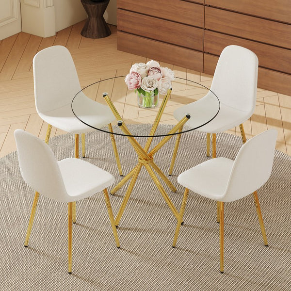 English Elm 4-Piece Modern Luxe Dining Set With Glass Table & Chic White-Gold Chairs For Stylish Interiors W1151S03683