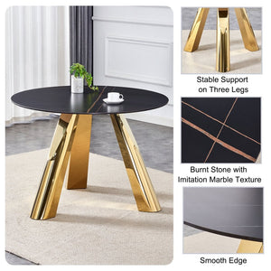 English Elm Table 5-Piece Dining Set: 42-Inch Round Sintered Stone Top With Gold Stainless Steel Legs & Chairs W2920S00041-GIGA