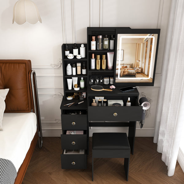 English Elm Modern Vanity Desk with Led Lighting Four Drawers Glossy Mdf and Dressing Chair W509P465829